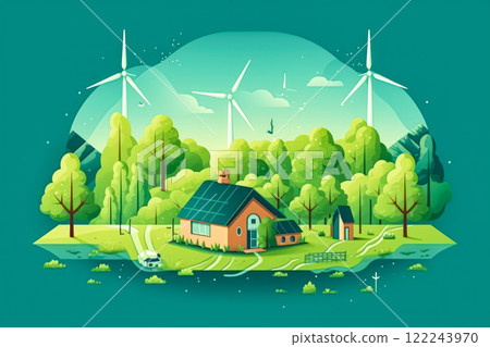 Silhouette of a wind power turbine amid mountain hills. 122243970