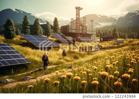 Engineer in helmet reviewing documents on a solar power plant construction site Engineer in helmet reviewing documents on a solar power plant construction site 122243984