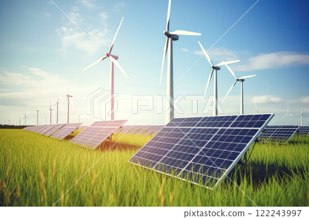 Solar panels and wind turbine illustrating green planet and renewable energy. 122243997