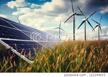 Solar panels and wind turbine illustrating green planet and renewable energy. 122244025