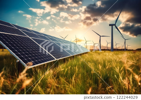 Solar panels and wind turbine illustrating green planet and renewable energy. Solar panels and wind turbine illustrating green planet and renewable energy. 122244029