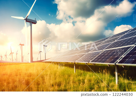 Solar panels and wind turbine illustrating green planet and renewable energy. 122244030