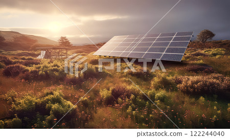 Close up of solar cell farm power plant eco technology 122244040