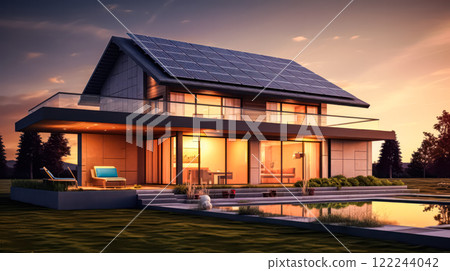 Close up of solar panels on a homes roof, matching the beautiful blue color of the sky. 122244042