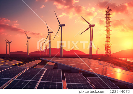 Solar panels and wind turbines in a grassy field with sunlight 122244073