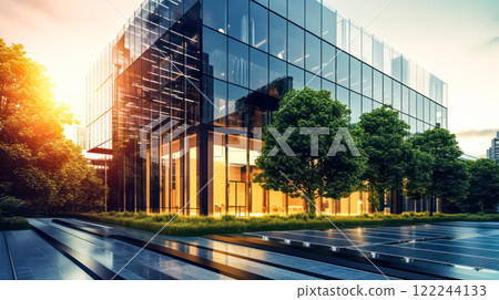 Sustainable green building eco friendly glass office with trees to reduce CO2. 122244133