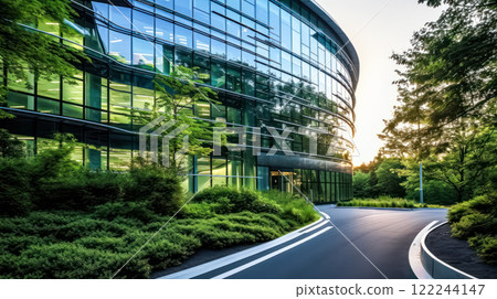 Sustainable green building eco friendly glass office with trees to reduce CO2. 122244147
