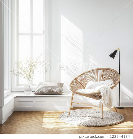 A Bright and Cozy Corner Featuring a Stylish Chair With Abundant Natural Light Coming In. Blank white empty wall mockup 122244184