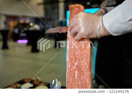 Masterful Artisan Cutting Techniques of Exquisite Fine Meat for Culinary Presentation Delights 122244276