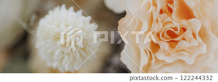 Banner close-up of a bouquet of flowers. Floral background with blurry copy space. Banner close-up of a bouquet of flowers. Floral background with blurry copy space. 122244332