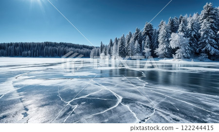 winter landscape of frozen lake and blue sky winter landscape of frozen lake and blue sky 122244415