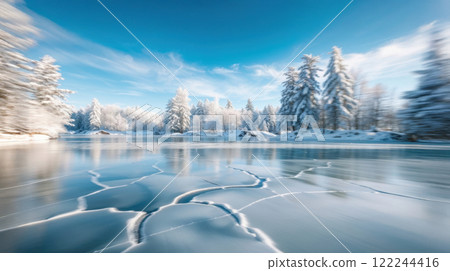 winter landscape of frozen lake and blue sky 122244416