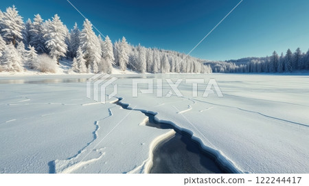 winter landscape of frozen lake and blue sky 122244417