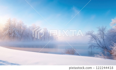 winter landscape of frozen lake and blue sky winter landscape of frozen lake and blue sky 122244418