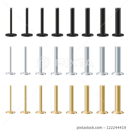 Metal gold poles with different diameters. metal columns. Steel pipes. Template design for urban advertising banners. 122244419