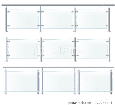 Glass or plexiglass fence with banisters. Architectural guardrail for balcony or office terrace. 122244421