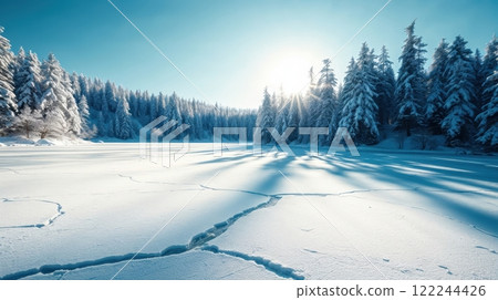 winter landscape of frozen lake and blue sky 122244426