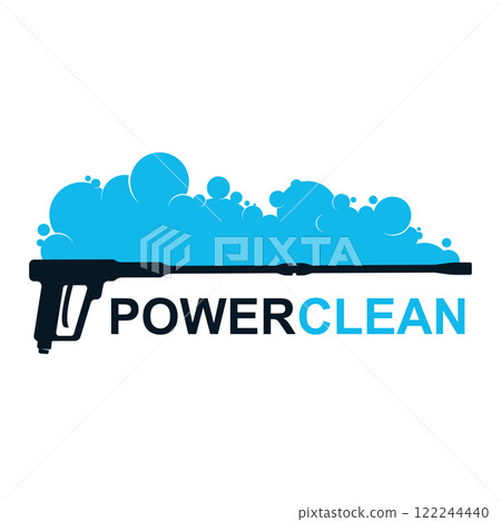 Power cleaning washer gun and blue water bubbles symbol Power cleaning washer gun and blue water bubbles symbol 122244440