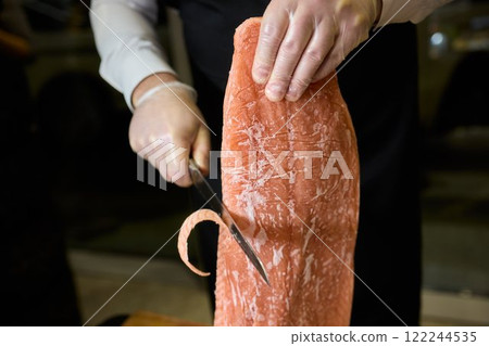 Masterful Artisan Cutting Techniques of Exquisite Fine Meat for Culinary Presentation Delights 122244535