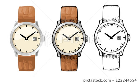 Mechanical metal wristwatch with leather bracelet. Vintage vector engraving 122244554