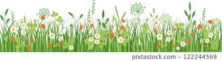 Flowers and grass seamless border, meadow flowers and wild strawberries, vector illustration, card decoration element 122244569