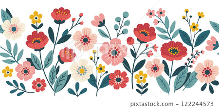 Horizontal seamless border with bright spring flowers. Flowers pattern in flat design style 122244573