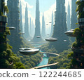 A futuristic cityscape with tall buildings and flying cars. The sky is clear and the sun is shining. The city is surrounded by lush greenery and a river runs through it. Scene is one of wonder 122244685
