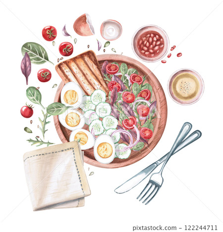 Composition with farm breakfast, morning mess on the table. Isolated watercolor illustration on the theme of food for the design of a cookbook, restaurant menu, gastronomic magazines. 122244711