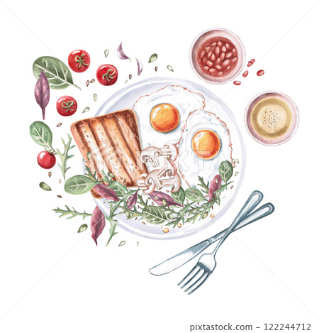 Composition with breakfast, morning mess on the table. Isolated watercolor illustration on the theme of food for the design of a cookbook, restaurant menu, gastronomic magazines 122244712