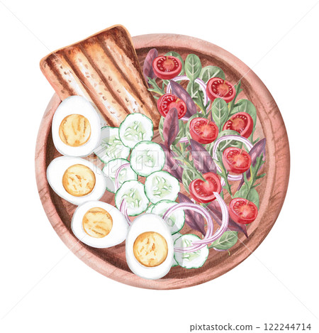 Wooden plate with vegetarian breakfast - toast, cucumbers, tomatoes, boiled eggs, greens. Isolated watercolor illustration on the theme of food for the design of a cookbook, restaurant menu. 122244714
