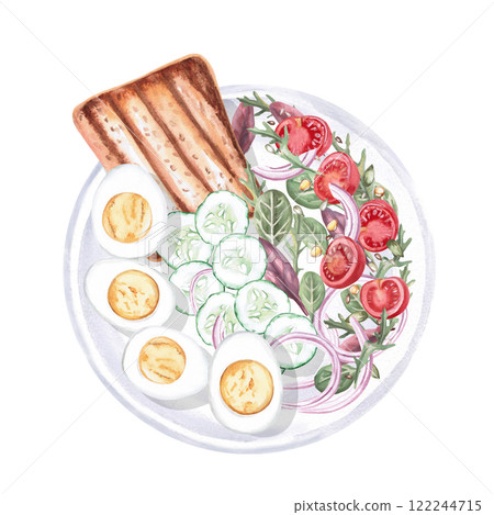 Plate with vegetarian breakfast - toast, cucumbers, tomatoes, boiled eggs, greens. Isolated watercolor illustration on the theme of food for the design of a cookbook, restaurant menu,. Plate with vegetarian breakfast - toast, cucumbers, tomatoes, boiled eggs, greens. Isolated watercolor illustration on the theme of food for the design of a cookbook, restaurant menu,. 122244715