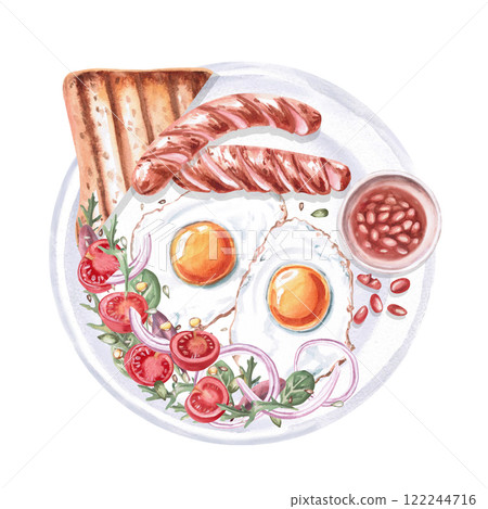 Plate with English breakfast - sausages, toast, tomatoes, beans, fried eggs, greens. Isolated watercolor illustration on the theme of food for the design of a cookbook, restaurant menu, 122244716