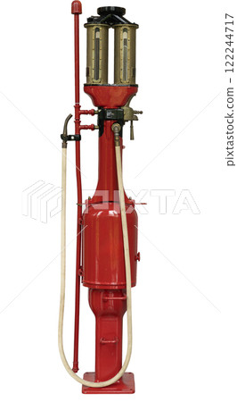 Vintage red gasoline pump with glass cylinders 122244717