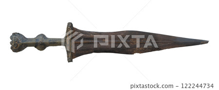 Ancient bronze dagger on white background 122244734
