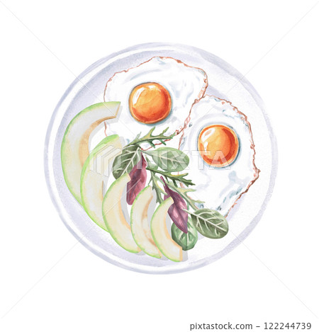 Breakfast plate - avocado, fried egg, greens. Isolated watercolor illustration on food theme for cookbook design, restaurant menu, gastronomic magazines and festivals Breakfast plate - avocado, fried egg, greens. Isolated watercolor illustration on food theme for cookbook design, restaurant menu, gastronomic magazines and festivals 122244739