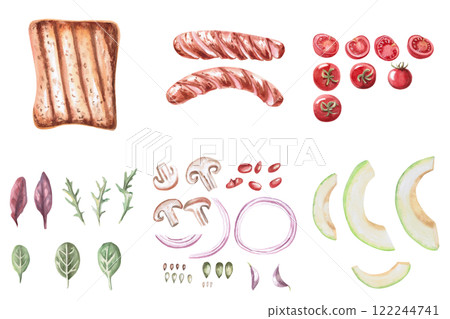 Set of products for breakfast. Isolated watercolor illustration on the theme of food for the design of a cookbook, restaurant menu, gastronomic magazines and festivals. Set of products for breakfast. Isolated watercolor illustration on the theme of food for the design of a cookbook, restaurant menu, gastronomic magazines and festivals. 122244741