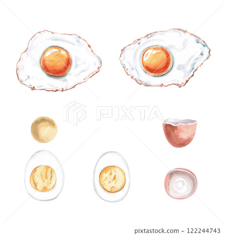 Set of fried eggs, boiled eggs, yolk, eggshell. Isolated watercolor illustration on the theme of breakfast for the design of a cookbook, gastronomic magazine, restaurant menu. Set of fried eggs, boiled eggs, yolk, eggshell. Isolated watercolor illustration on the theme of breakfast for the design of a cookbook, gastronomic magazine, restaurant menu. 122244743