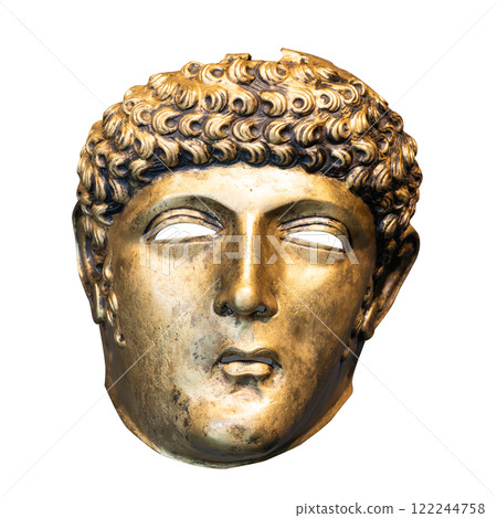 Ancient golden mask with realistic facial features isolated on a white 122244758