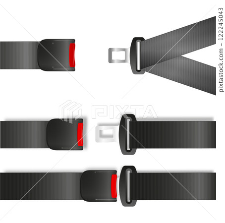 Safety seat belt, open and closed seatbelt. Art design road strap. Abstract concept car, airplane driver protection graphic element. Vector 122245043