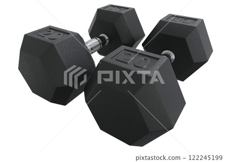 Hex Dumbbells with number 20, weightlifting gym equipment side view. Png clipart isolated on transparent background 122245199