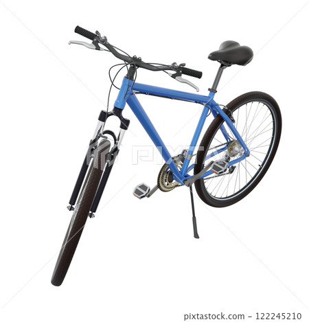 Blue bicycle standing while leaning on kickstand, side front view. Bike resting on kick stand. Png clipart isolated on transparent background 122245210