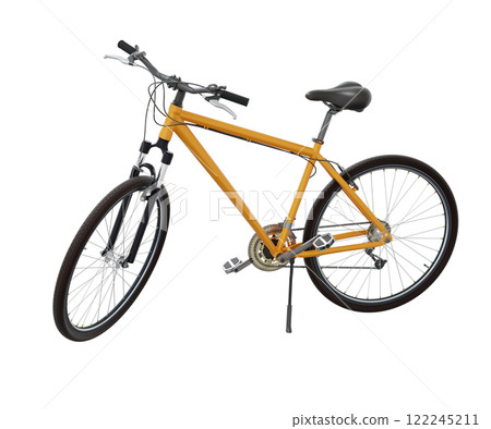 Orange bicycle standing while leaning on kickstand, side view. Bike resting on kick stand. Png clipart isolated on transparent background 122245211