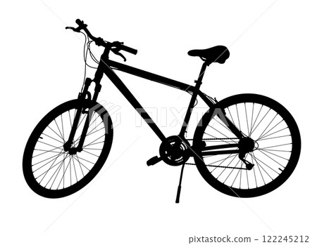 Black bicycle standing while leaning on kickstand, side view. Bike resting on kick stand. Png clipart isolated on transparent background Black bicycle standing while leaning on kickstand, side view. Bike resting on kick stand. Png clipart isolated on transparent background 122245212