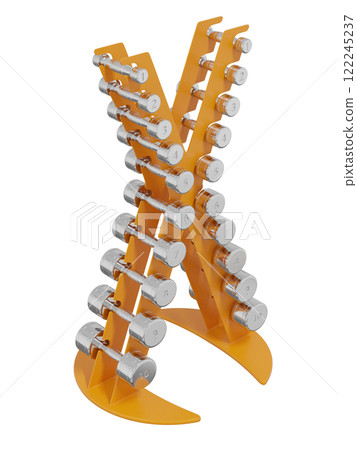Gym Dumbbell rack in X shape, a stand for weightlifting gym equipment with different size and weight dumbbells. Png clipart isolated on transparent background 122245237