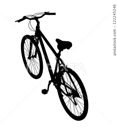 Black bicycle, side top view. Black leather saddle and handles. Png clipart isolated on transparent background 122245246