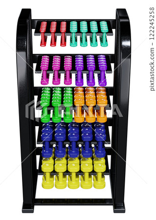 Gym Dumbbell rack with colorful dumbbells, weightlifting gym equipment stand 122245258