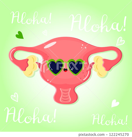 Cartoon Uterus wearing sunglasses saying Aloha on a green background. 122245270