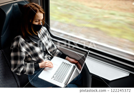 Focused Woman Using Laptop on Train. 122245372