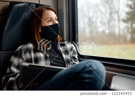 Young Woman with Mask on Train Journey. Young Woman with Mask on Train Journey. 122245453