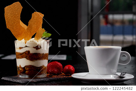 Layered Dessert with Latte and Strawberries. 122245482